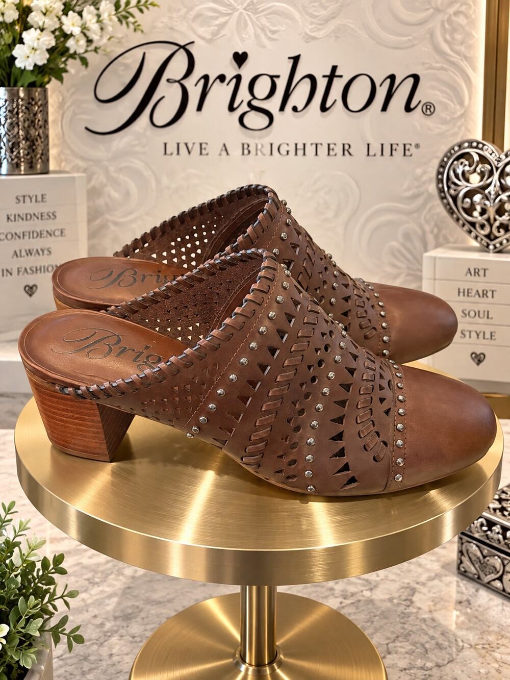 Brighton Rodeo Brown Leather Studded Laser Cut Mule Heels Size 7.5M